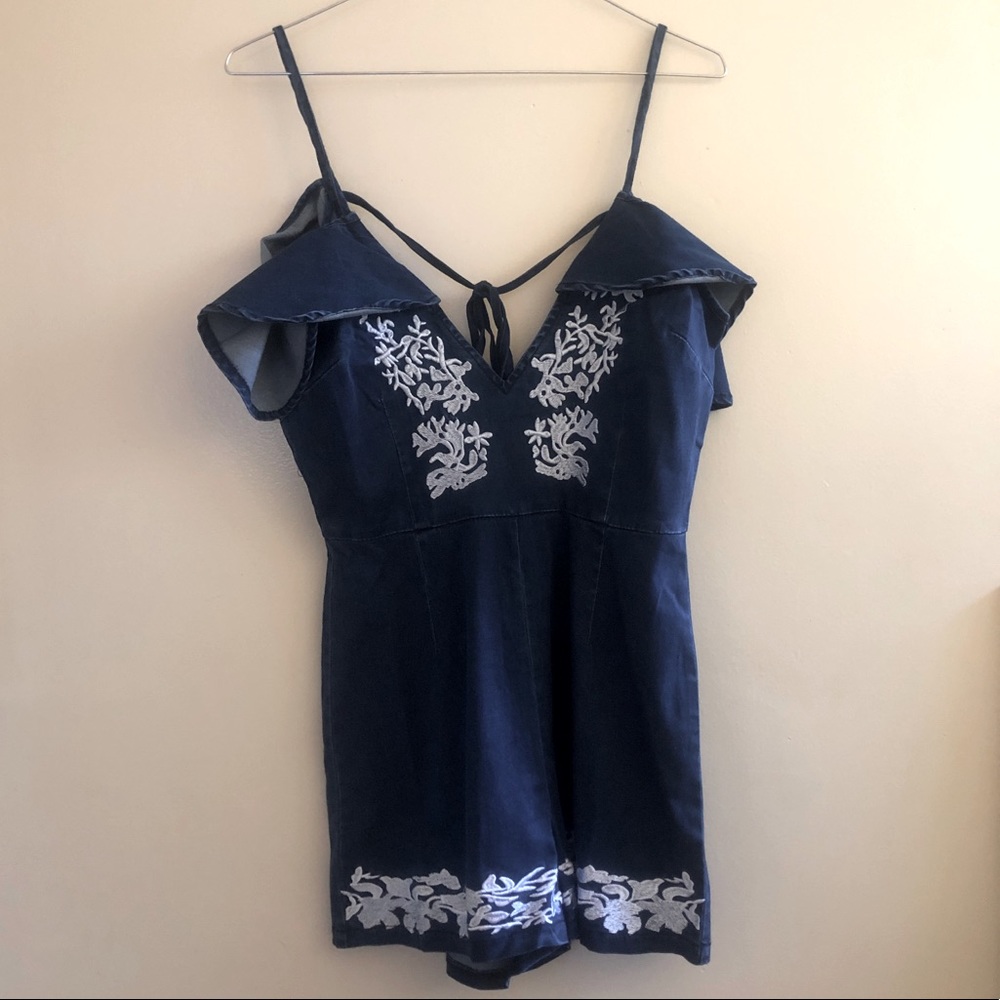 Denim romper with embroidery